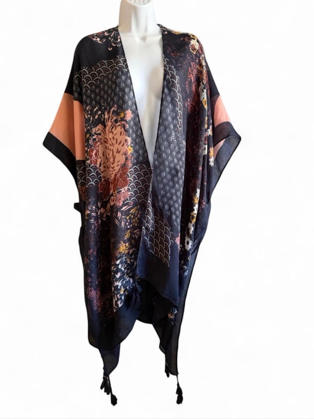 Marcus Adler Floral Open-Front Kimono Shrug in Black & Peach